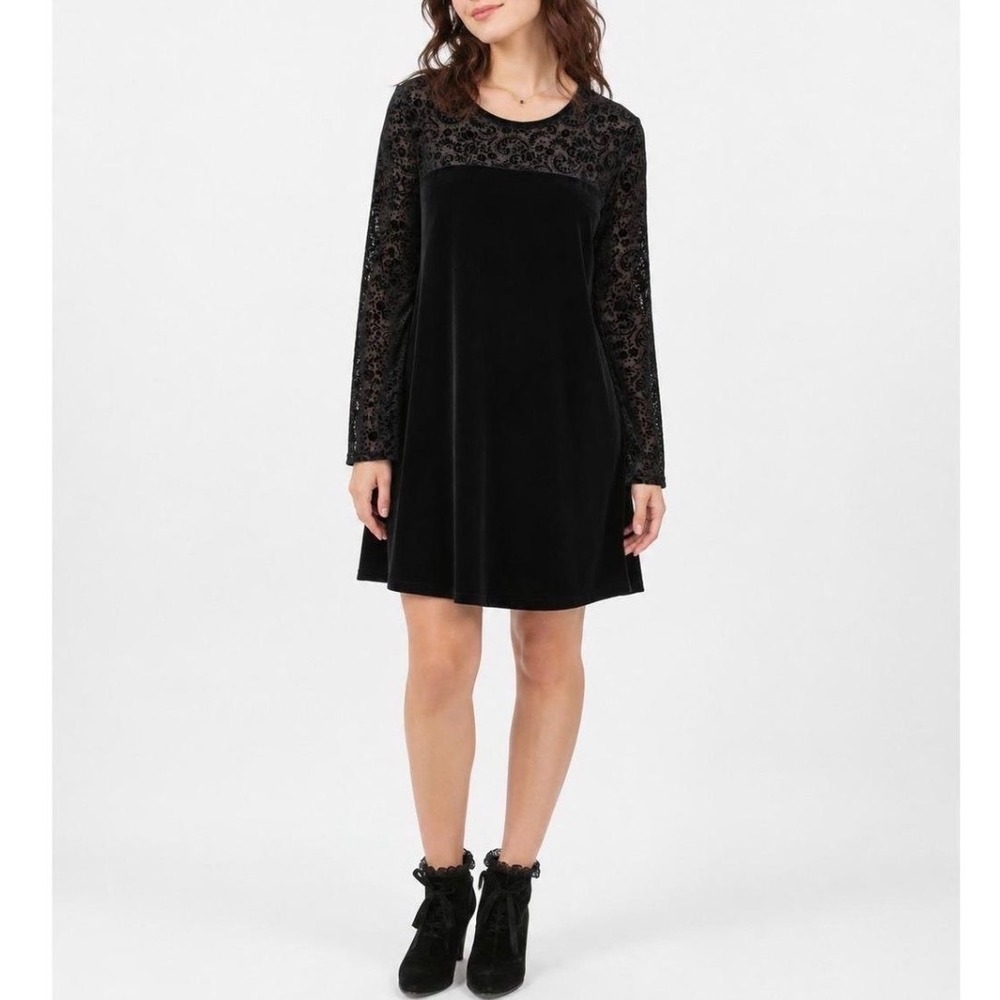 Vintage 90s Jacqueline Ferrar Black Velour Velvet Lace Midi Dress Long Sleeve